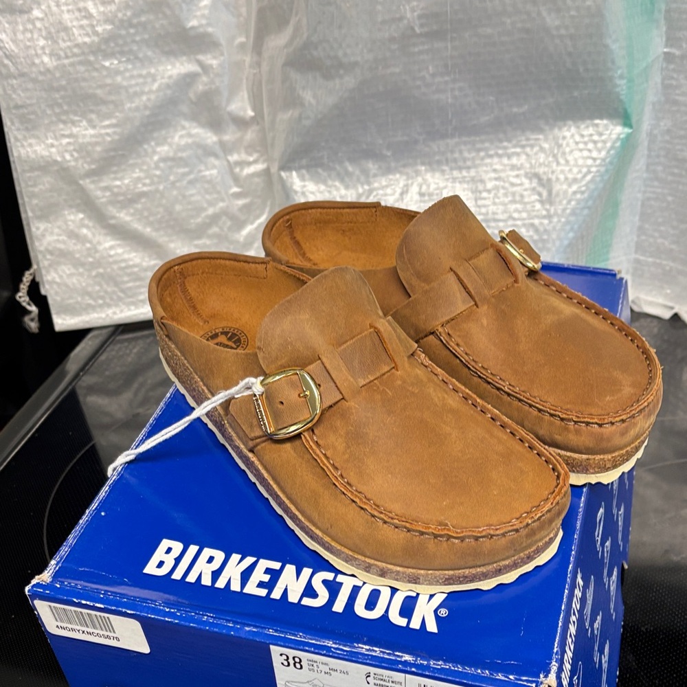 Birkenstock Brown Suede Mule Clogs with Gold Buckles